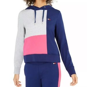 Tommy Hilfiger Womens Navy Gray Block Long Sleeve Hoodie Active Wear Sweater L